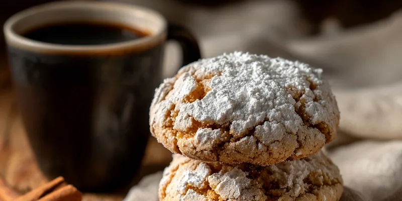 A plate of Delicious Cinnamon Coffee Cookies with a cup of steaming coffee in the background