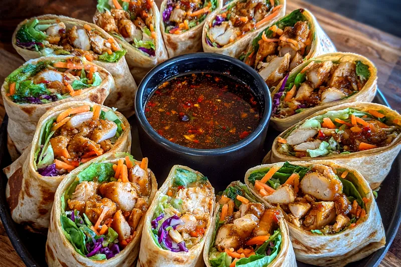 A colorful assortment of fresh ingredients for Delicious Sweet Chili Chicken Wraps displayed on a wooden cutting board.