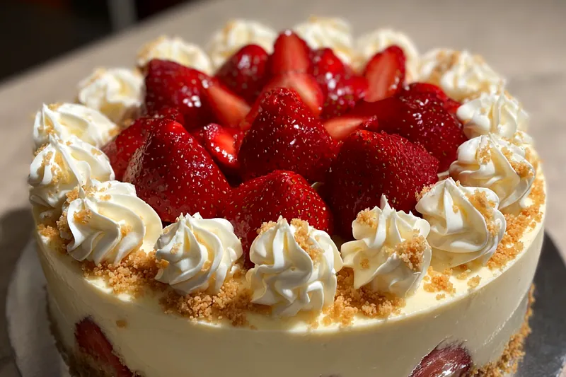 An array of fresh strawberries, white chocolate chips, and cream set against a wooden background.