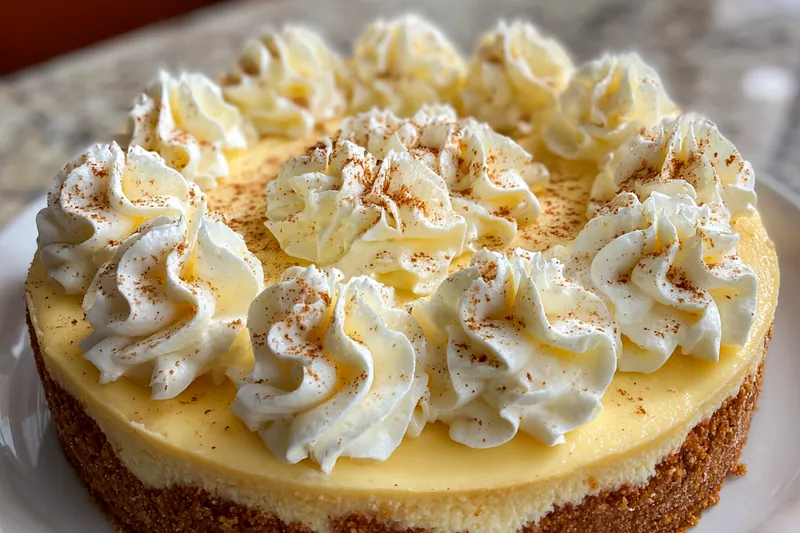 A step-by-step visual of preparing Delightful Eggnog Cheesecake, showcasing the mixing and baking process.