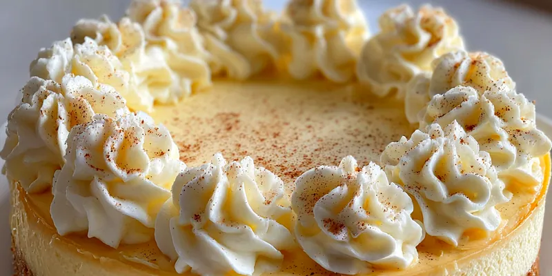 A beautifully decorated Delightful Eggnog Cheesecake topped with whipped cream and sprinkled nutmeg, set against a festive backdrop.