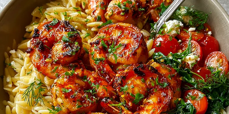 Delicious Delightful Grilled Shrimp Orzo served on a plate