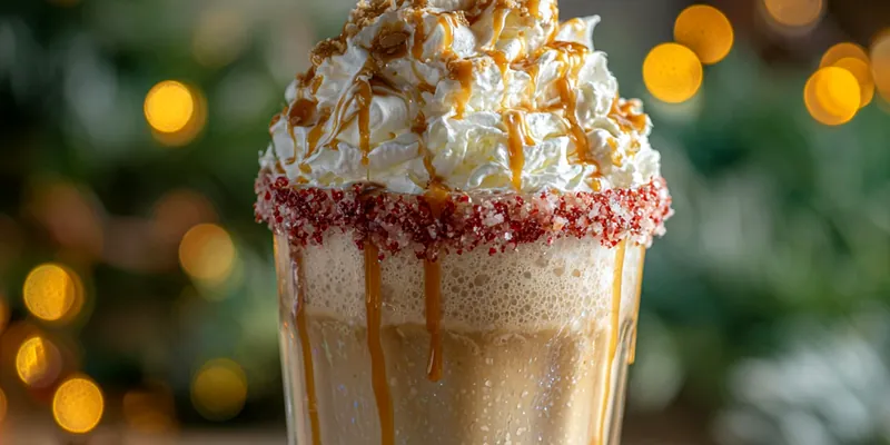 A beautifully styled Festive Christmas Chai Drink topped with whipped cream and a sprinkle of cinnamon, served in a festive mug.