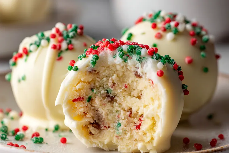 A hand dipping a chilled cake ball into a bowl of melted white chocolate using a fork.