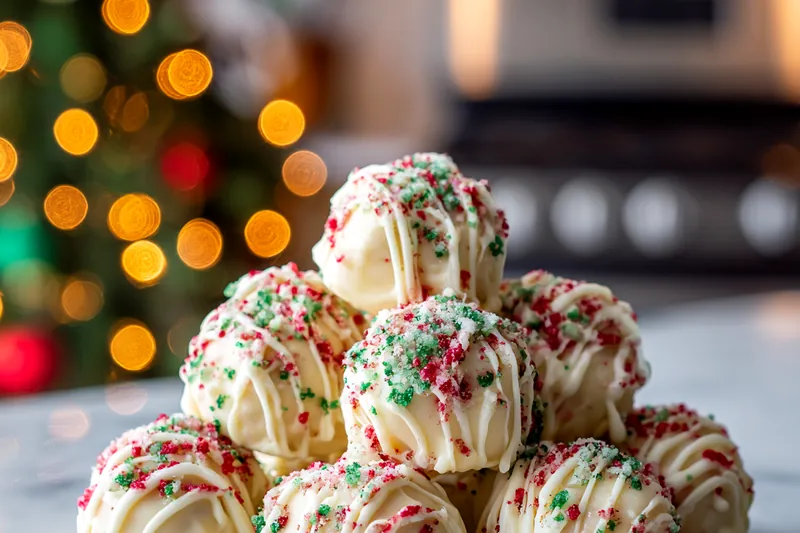 Ingredients for Christmas tree cake truffles: boxes of snack cakes, cream cheese, and white chocolate melting wafers on a marble counter.