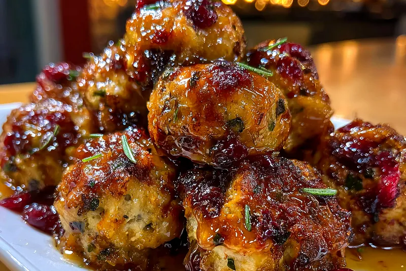 Golden brown stuffing balls on a baking sheet fresh from the oven, steam rising