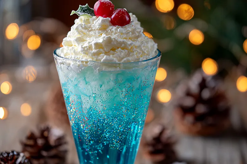 A vibrant bowl of Festive Holiday Blue Punch surrounded by glasses and decorative elements.