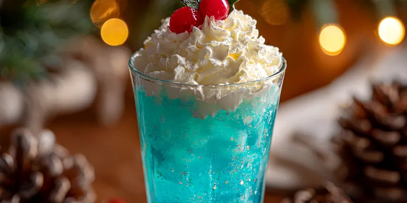 A festive bowl of blue punch surrounded by holiday decorations and glasses.