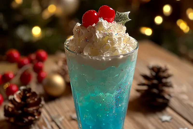 A selection of ingredients for Festive Holiday Blue Punch displayed on a wooden table.