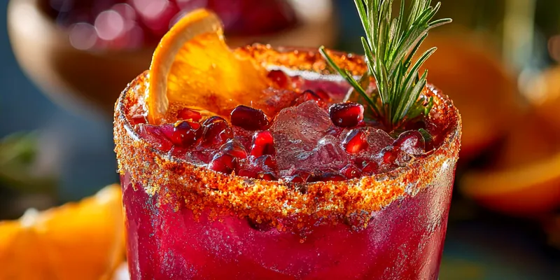A beautifully garnished Festive Holiday Margarita served in a rimmed glass with cranberries and lime.