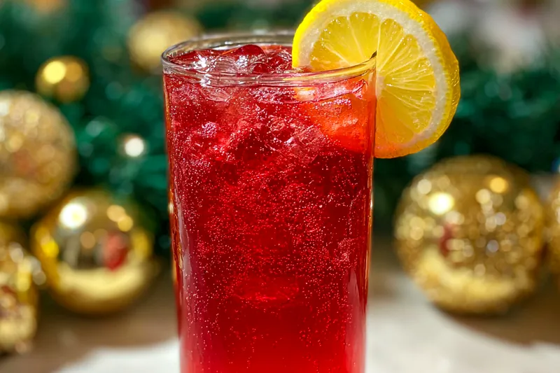 An elegant serving of Festive Holiday Punch Delight in a glass with ice and fresh fruit garnishes.