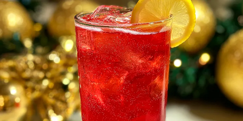 A beautifully presented bowl of Festive Holiday Punch Delight surrounded by festive decorations.