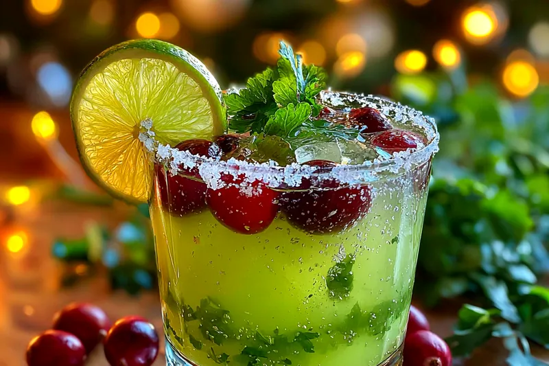Mixing ingredients for the Festive Mistletoe Margarita in a cocktail shaker.
