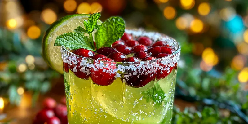 A beautifully garnished Festive Mistletoe Margarita in a salt-rimmed glass, surrounded by fresh cranberries and lime wedges.