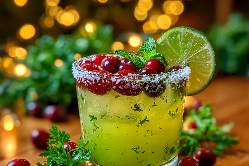 Ingredients for Festive Mistletoe Margarita displayed on a wooden table.