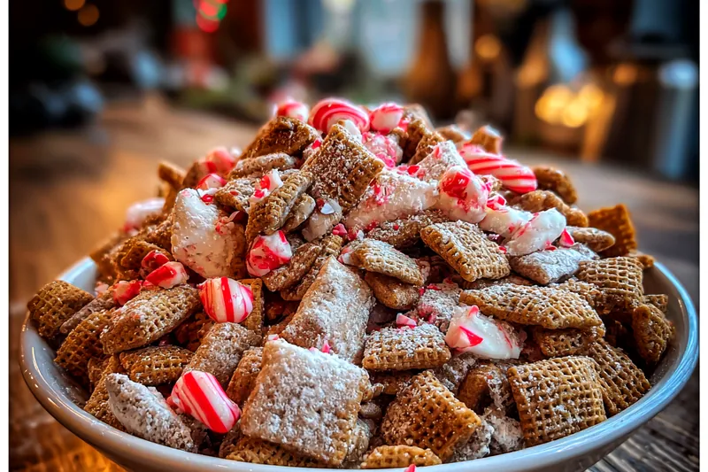 A step-by-step visual of making Festive Peppermint Puppy Chow, showcasing the melting chocolate and mixing process.