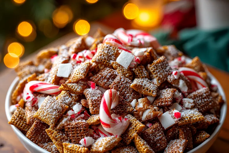 An assortment of ingredients for Festive Peppermint Puppy Chow including rice chex, chocolate chips, peppermint candies, and powdered sugar arranged on a countertop.