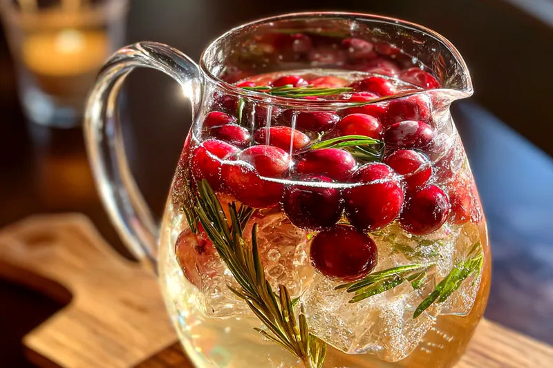 A colorful array of ingredients for Festive White Christmas Sangria, including fresh fruits and a bottle of white wine.