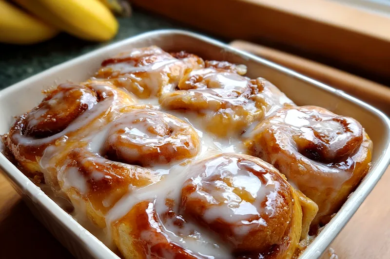 Banana cinnamon roll dough being rolled with cinnamon-sugar filling spread across the surface, showing the swirling technique