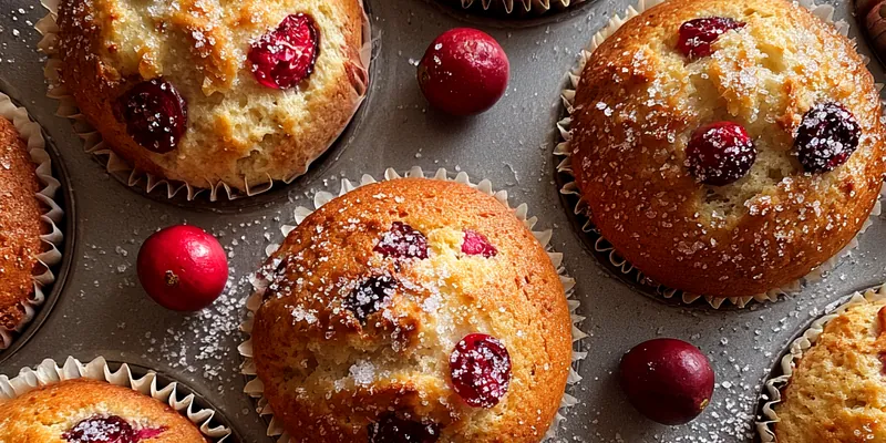 Golden-brown Fresh Cranberry Muffins arranged on a rustic wooden table.