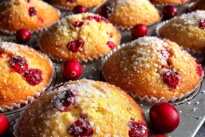 Ingredients for Fresh Cranberry Muffins arranged neatly on a countertop.