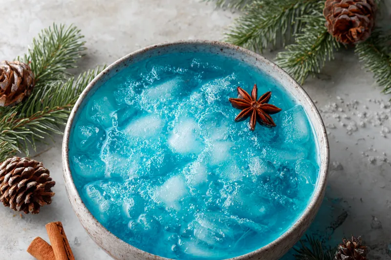 Mixing ingredients for vibrant Frostbite Blue Christmas Punch