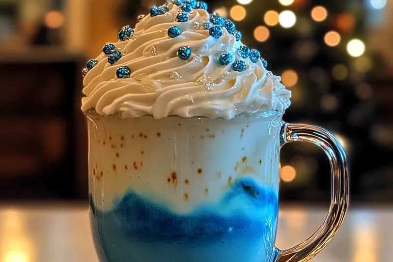 A pot of Frostbite Blue Cocoa Delight simmering on the stove, ready to be served.