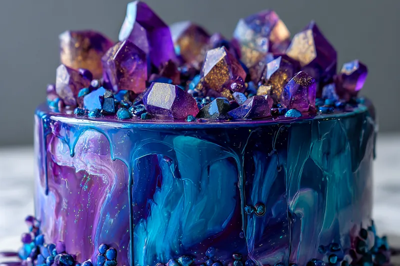 Pouring blue and purple mirror glaze over a white frozen mousse cake, creating a galaxy effect