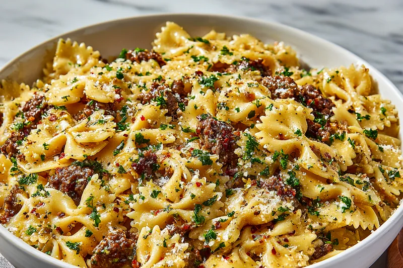 Cooking Garlic Butter Bowtie Pasta with Beef in a skillet