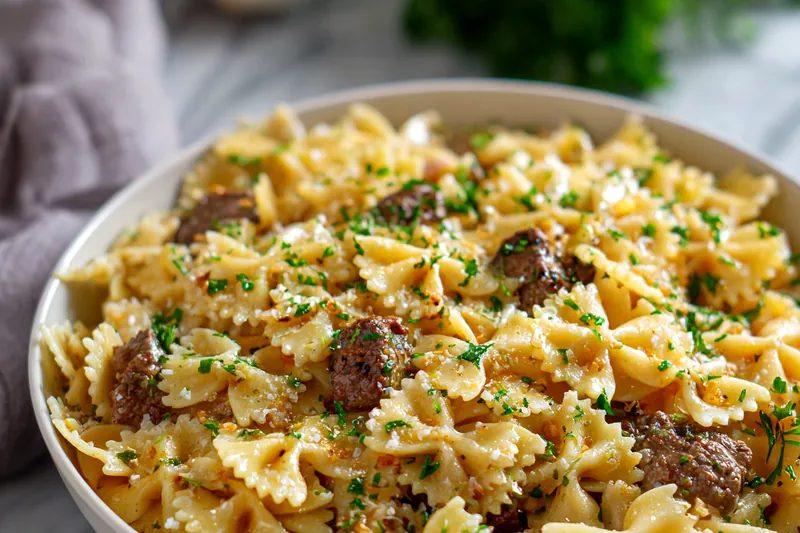 Ingredients for Garlic Butter Bowtie Pasta with Beef