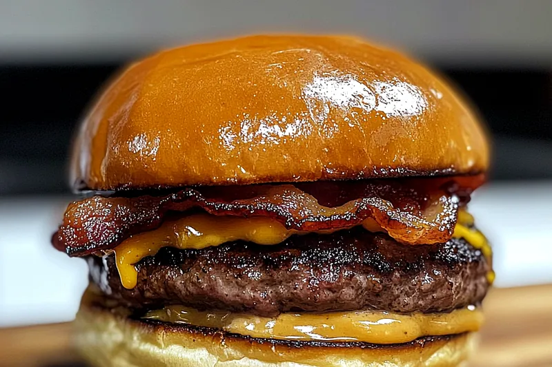 Cooking process of Garlic Butter Bacon Burgers in a skillet, showcasing sizzling patties and crispy bacon.