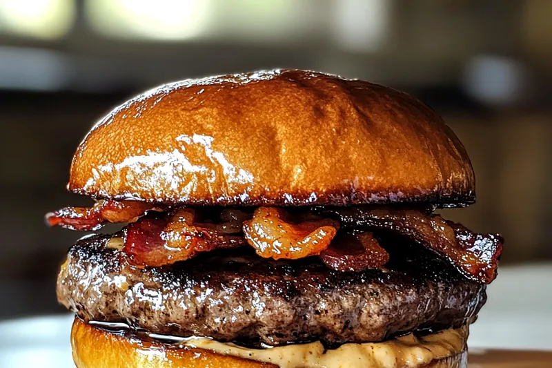 An array of fresh ingredients for Garlic Butter Bacon Burgers arranged on a wooden cutting board.