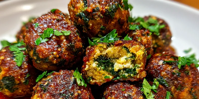 A plate of Garlic-Infused Spinach Meatballs garnished with parsley and Parmesan cheese.