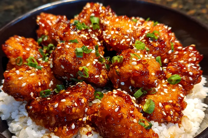 An action shot of cooking Flavorful General Tso's Chicken in a sizzling pan.