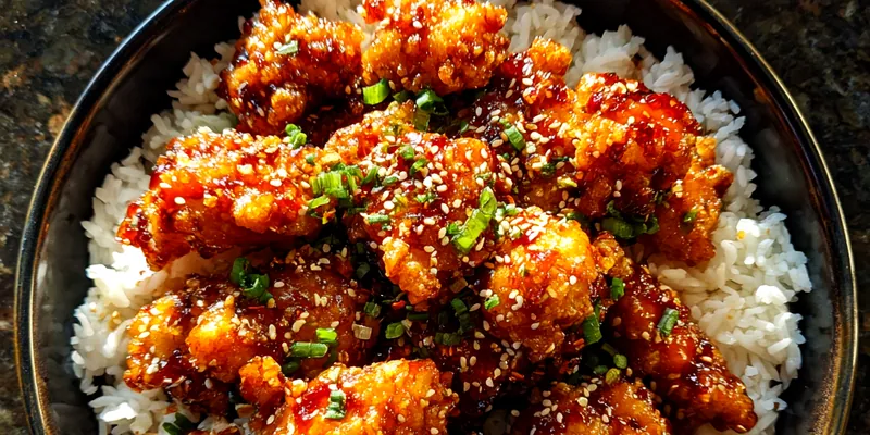 A vibrant plate of Flavorful General Tso's Chicken served with steamed rice and garnished with green onions.