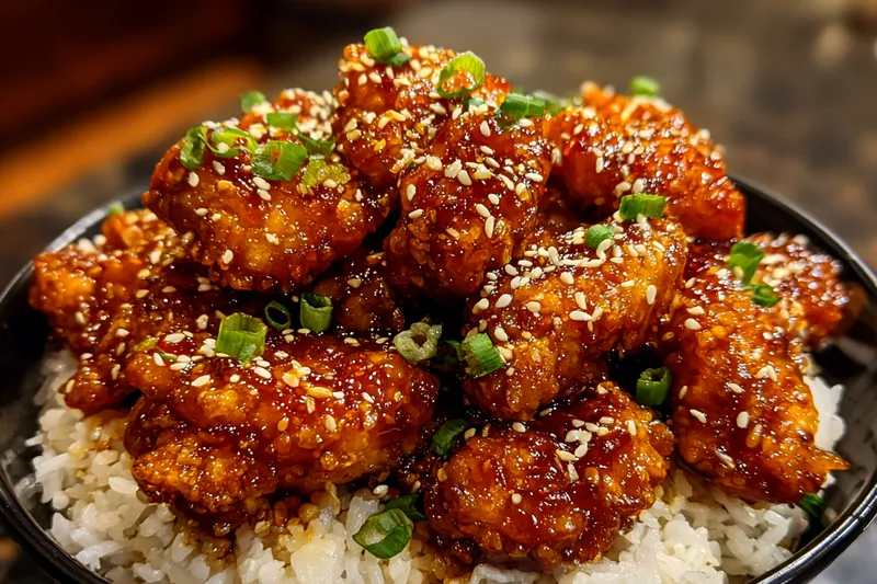 An array of fresh ingredients for Flavorful General Tso's Chicken including chicken, vegetables, and sauces.