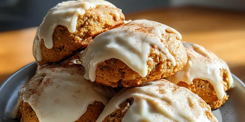 A plate of freshly baked Gingerbread Latte Cookies Delight, drizzled with glaze and garnished with coffee beans.