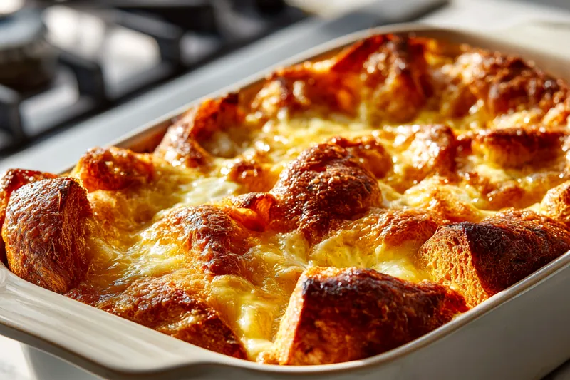 Golden brown bread pudding in the oven, rising slightly with bubbling custard at the edges