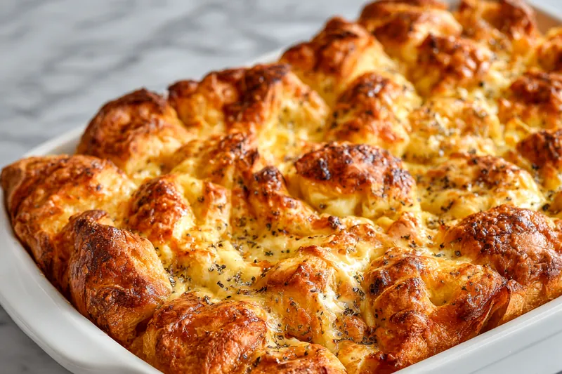 Croissant breakfast bake in the oven, golden and bubbling