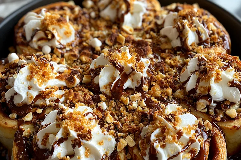 Baking ingredients including flour, sugar, butter, graham crackers, marshmallows, and chocolate arranged on a marble counter