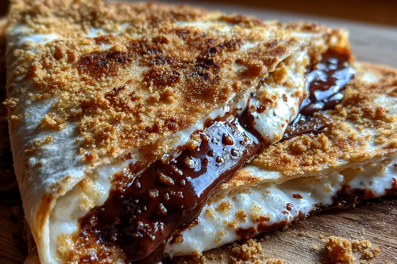 Golden brown quesadilla in a skillet with melted chocolate oozing out