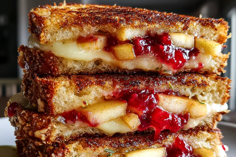 A step-by-step image of the cooking process for Gourmet Brie and Apple Melt, showcasing the grilling of the sandwich.