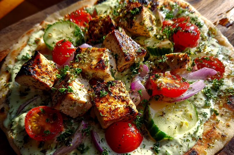 Cooking process for Delicious Greek Chicken Flatbread