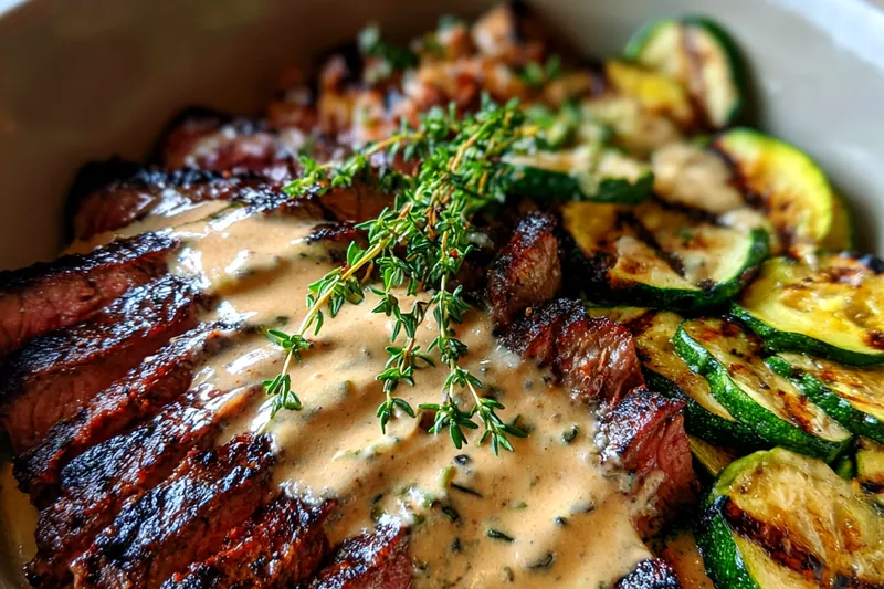 Fresh ingredients for Grilled Steak and Zucchini Bowl