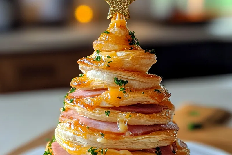 Chef preparing the Festive Ham and Cheese Trees, showcasing the layering process.