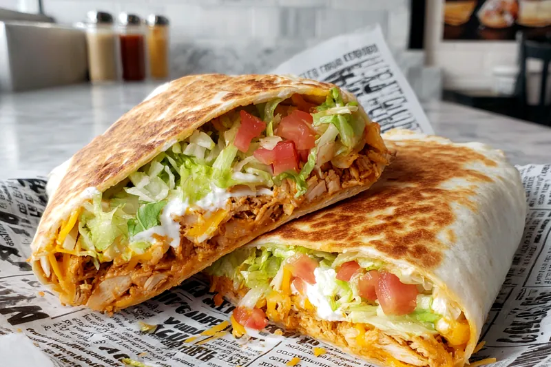 Chicken crunchwrap being grilled in skillet, showing golden-brown crispy exterior with melted cheese visible at the seams