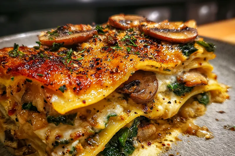 Lasagna baking in the oven, with bubbling cheese and vibrant vegetable layers visible.