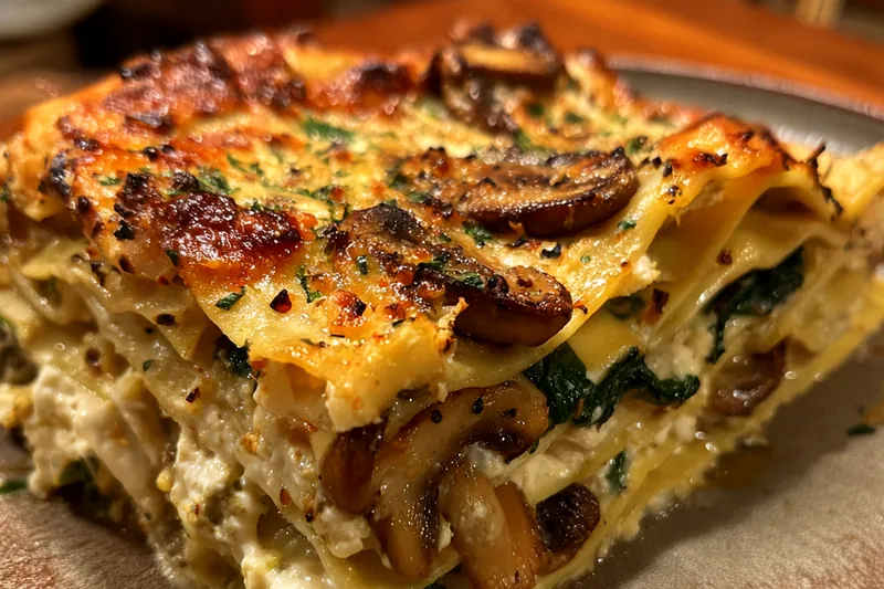 Array of ingredients for Healthy Mushroom Spinach Lasagna, including mushrooms, spinach, cheese, and pasta.