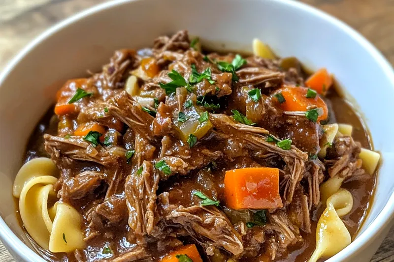 Chef stirring Hearty Italian Beef Ragu in a large pot on the stove, showcasing a rich, bubbling sauce.
