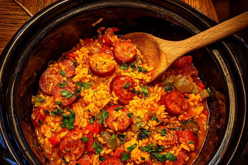 Chef stirring Hearty Slow Cooker Jambalaya in the slow cooker before serving.